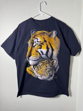 Vintage 1997 Tiger Face Graphic Black T Shirt Size Large